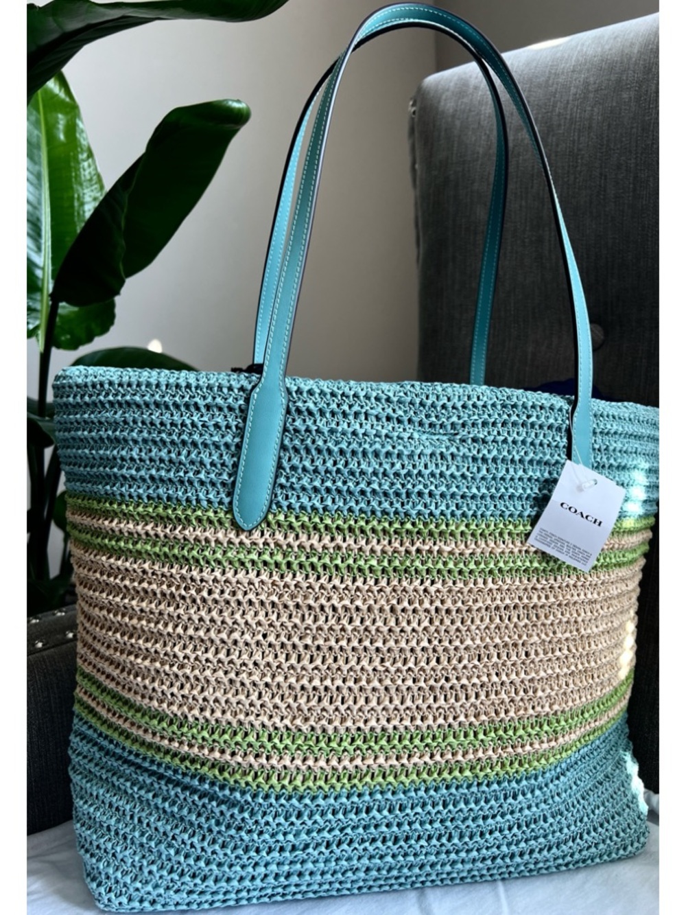 NWT Coach Straw City Tote Light Turquoise Multi -Limited seasonal release - Picture 7 of 9